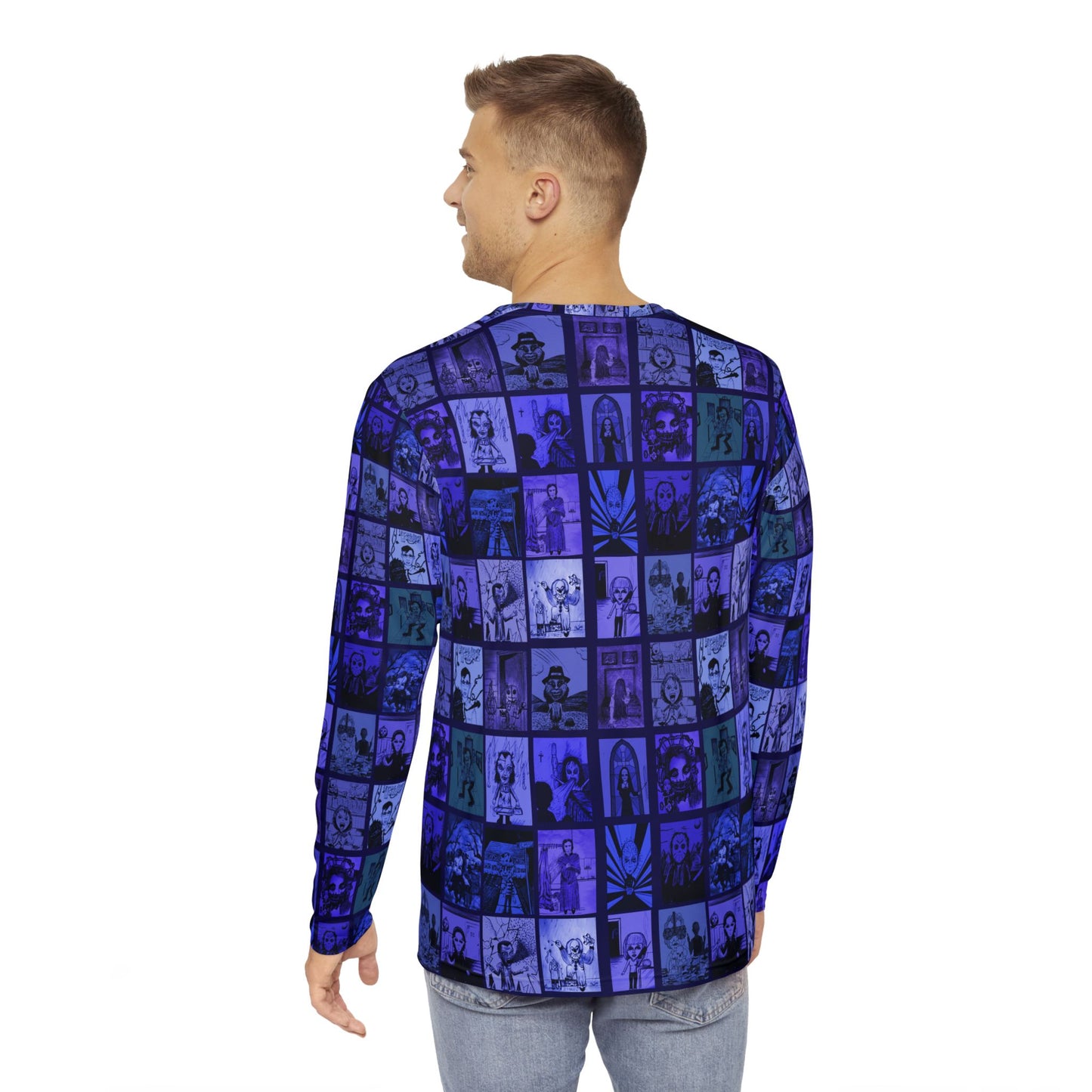 HORROR Shirt 20 INFAMOUS CHARACTERS Sizes xs-4xl Free s&h Shades of Blue Men's Long Sleeve All Over Print