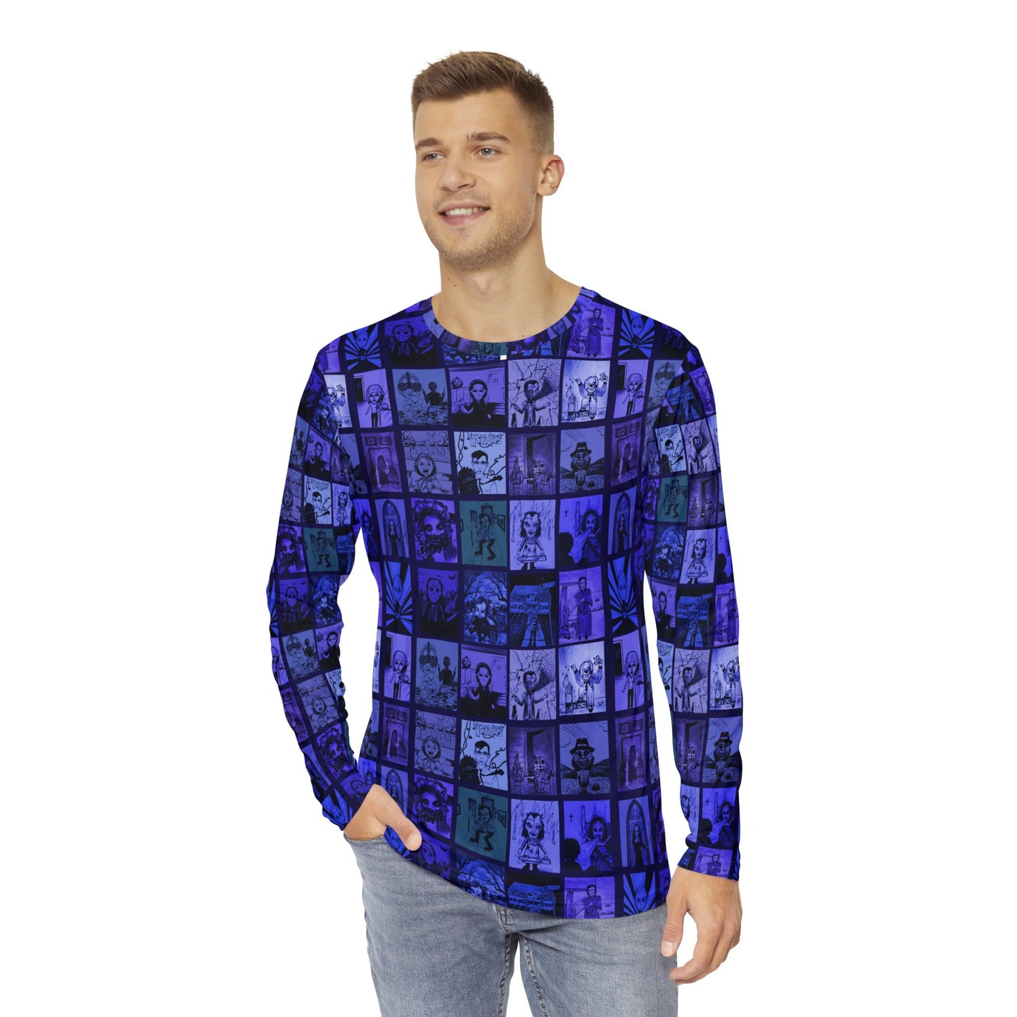 HORROR Shirt 20 INFAMOUS CHARACTERS Sizes xs-4xl Free s&h Shades of Blue Men's Long Sleeve All Over Print